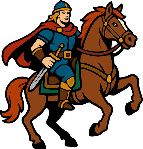 a hero man on the horse character image.
In-Game asset.  2d.  High contrast.  No shadows