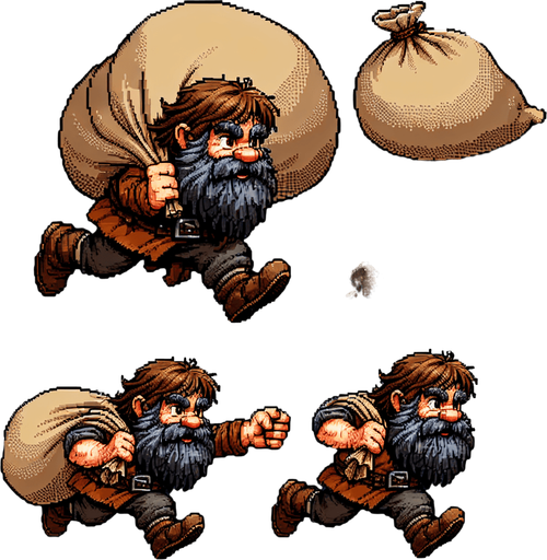 Sprite sheet d'un nain qui court avec un grand sac pour attraper quelque chose