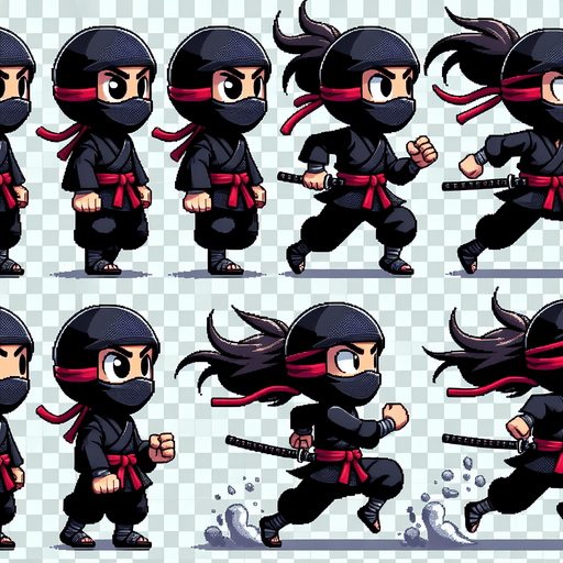 "Create a sprite sheet of a cartoon ninja running. The ninja should be wearing a black outfit with a red sash and a determined facial expression. The sprite sheet should include multiple frames to show the ninja in various stages of the running cycle, with alternating leg and arm positions. The background should be transparent.".
Style: Cartoon style, with clean lines and vibrant colors.
Character Design:
Outfit: Black ninja gi (traditional uniform) with a red sash tied around the waist.
Head: Black mask covering the lower face, revealing expressive eyes.
Hair: (Optional) If the ninja has hair, it should be flowing back in the wind as they run.
Weapon: The ninja should be carrying a weapon (sword or staff) in their hand. The weapon should also be animated to show movement as the ninja runs.
Running Animation:
Number of Frames: At least 4-6 frames for a smooth animation cycle.
Poses: Varying leg and arm positions to create a sense of movement and dynamism. Consider poses with one leg extended forward, the other back, and arms swinging in opposite directions.
Details: Pay attention to details like the flow of the clothing and the movement of the hair (if applicable) to enhance the realism of the animation.
Background: Transparent background for easy integration into the game.
Resolution: Specify a resolution that is appropriate for your game's scale and the desired level of detail (e.g., 128x128 pixels or 256x256 pixels per frame).