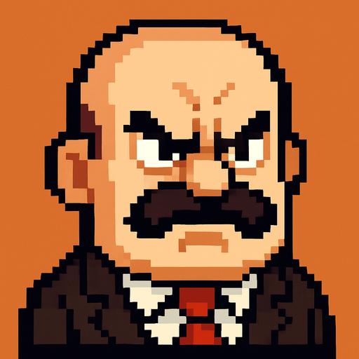 boss bald moustache angry head pixel art 2d..
In-Game asset.  2d.  High contrast.  No shadows