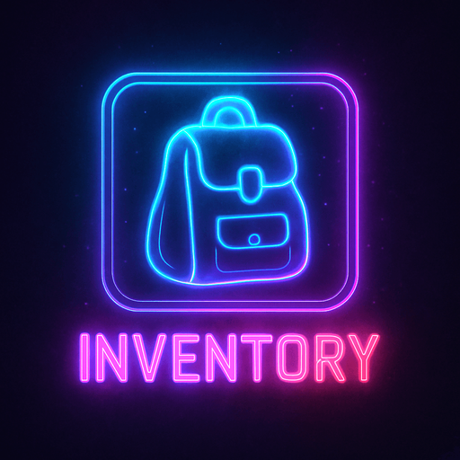 Neon cyberpunk bag inventory button icon magic glowing futuristic 3d hologram