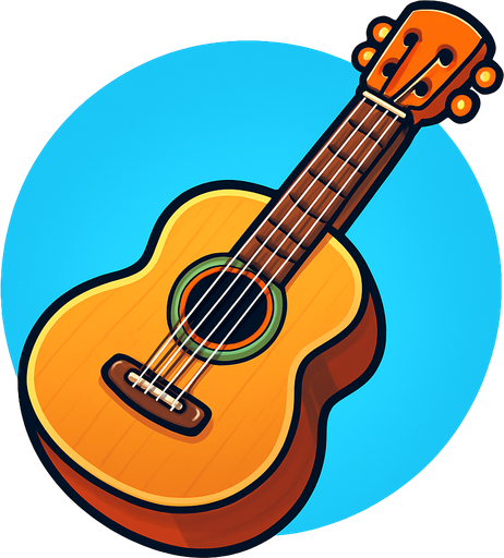 A bold, game-style illustration of an acoustic guitar with a wooden body, visible strings, and a detailed sound hole. Slight 3D shading and a clean, vector outline. Friendly, colorful look with transparent rounded background, optimized for mobile games..
In-Game asset.  2d.  High contrast.  No shadows