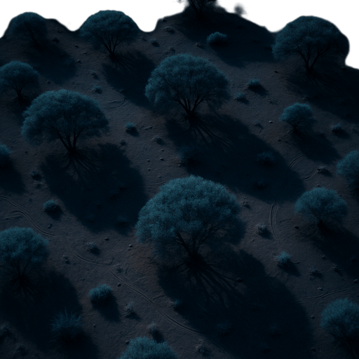Photorealistic desert trees at night, bird view