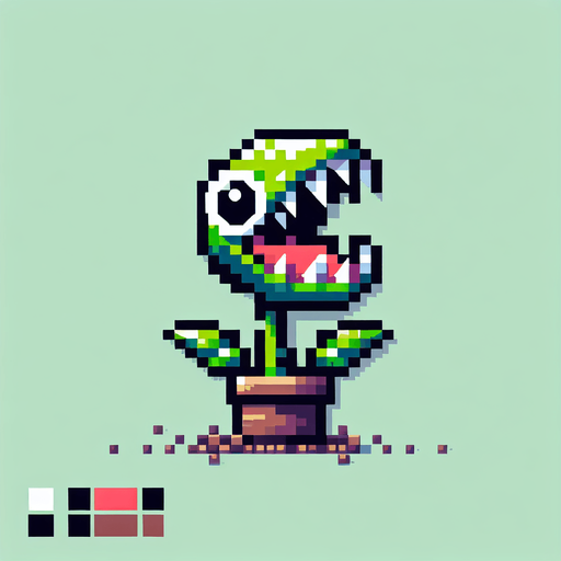 pixel hungery plant.
Single Game Texture.  In-Game asset.  2d.  Blank background.  High contrast.  No shadows