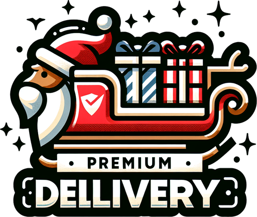 Icon for premium christmas delivery, cartoon, with the text: „Premium Delivery“ at top Single Game Texture. In-Game asset. 2d. Blank background. High contrast. No shadows.