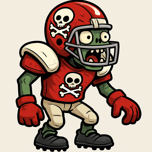 Uniforme Completo: Viste un uniforme de fútbol americano bastante completo, lo que le da una apariencia robusta y protegida.

Casco de Fútbol: Lleva un casco de fútbol americano de color rojo brillante, adornado con dibujos de calaveras blancas y huesos cruzados, que son un distintivo de los zombis. Este casco no es solo estético, sino que le proporciona una defensa significativa en su cabeza.

Hombreras y Camiseta: Tiene unas grandes hombreras blancas y una camiseta roja con el mismo patrón de calaveras y huesos en el pecho.

Pantalones y Guantes: Sus pantalones son de color claro (crema o blanco roto) y lleva guantes rojos.

Botas de Fútbol: Calza grandes botas de fútbol americano de color gris oscuro o negro.

Boca Abierta y Cerebro: Típicamente, como muchos zombis, tiene la boca abierta, mostrando su deseo de cerebros. En tu imagen, parece tener algo verde (quizás una hoja o parte de una planta) sobresaliendo de su boca, lo que podría indicar que ya ha estado masticando algo..
In-Game asset.  2d.  High contrast.  No shadows