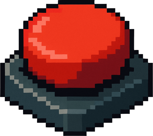 Botón presionado rojo 2D, pixel cartoon.