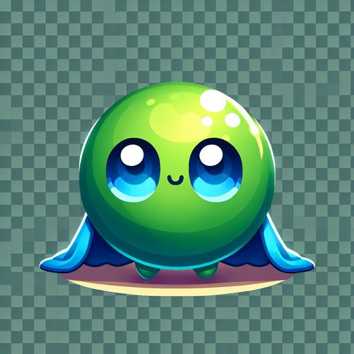 Uma bolinha verde dos olhos azuis fofo com uma capa azul fundo png 2d.
Single Game Texture. In-Game asset. 2d. Blank background. High contrast. No shadows.