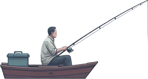 Man fishing on boat.
Single Game Texture.  In-Game asset.  2d.  Blank background.  High contrast.  No shadows