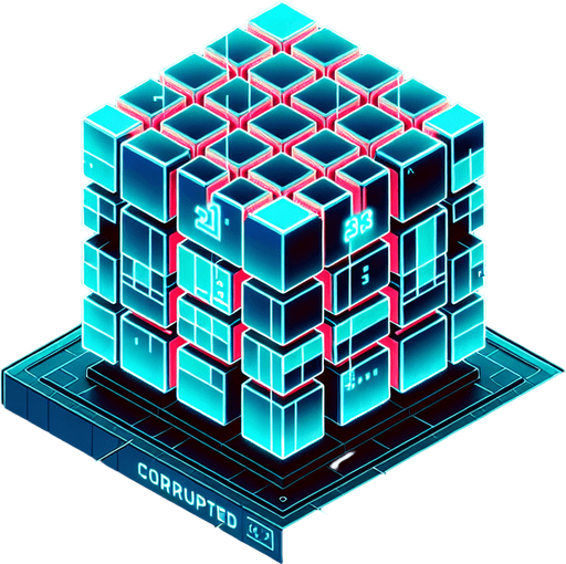 Design an isometric 3D holographic cube resembling a Rubik's cube. The cube should display the top face and two adjacent side faces, each divided into a 3x3 grid of cells. Each cell must contain either a '1' or a '0' in a glowing cyan-blue monospace font, visible on all three faces. A few specific cells across the cube should stand out with their binary digits ('1' or '0') highlighted in bright red.

To indicate corruption, overlay the cube with subtle glitch effects, such as flickering segments, static noise, and distorted gridlines. Add a small glowing text label floating near the cube that reads 'CORRUPTED' in bold red, with a slight flicker or distortion to enhance the corrupted feel. Ensure the cube retains its holographic aesthetic with a soft cyan glow, suspended in mid-air, projecting from a base below with ambient lighting and sci-fi effects.
Single Game Texture. In-Game asset. 2d. Blank background. High contrast. No shadows.