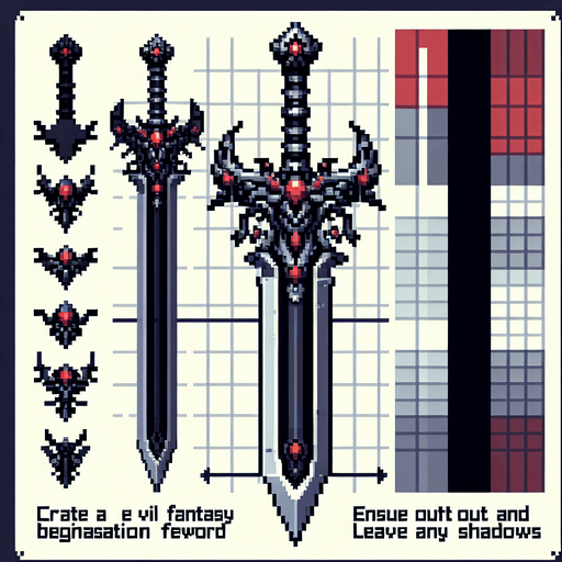 pixel art of an evil fantasy sword facing downward. Minor red details.
Single Game Texture. In-Game asset. 2d. Blank background. High contrast. No shadows.