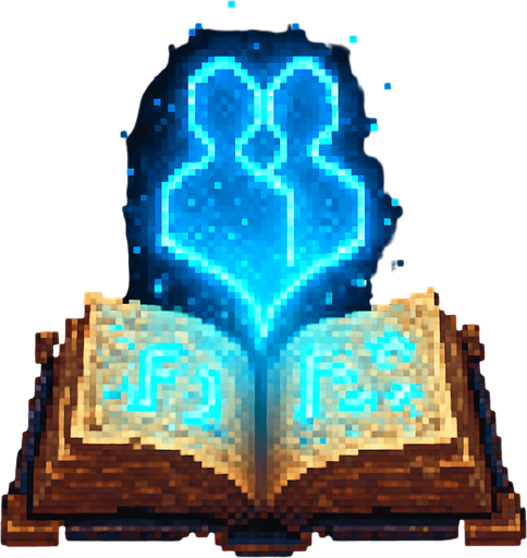 "2D pixel art of a glowing blue clone symbol emerging from an open magical book. The book is ancient, with worn leather covers and glowing runes on its pages. The clone symbol appears to float above the book, made of shimmering blue magical energy, slightly transparent and radiating light. The symbol has a mirrored silhouette or double shape to suggest duplication or cloning. The style is fantasy-themed, suitable for a magic RPG icon or visual effect. Lighting is soft but magical, with a focus on the glowing blue symbol. Classic 16-bit pixel art style. Transparent background.".
In-Game asset.  2d.  High contrast.  No shadows