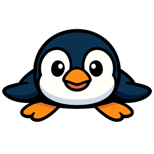 A cartoon-style penguin lying flat on its belly, facing forward with its body stretched out.
In-Game asset.  2d.  High contrast.  No shadows