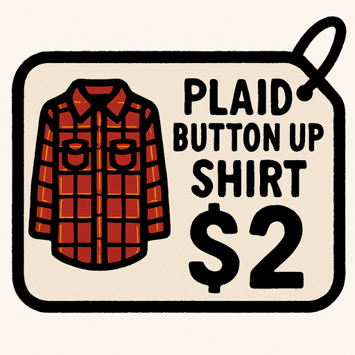 price tag that says plaid button up shirt $2.
In-Game asset.  2d.  High contrast.  No shadows