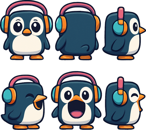 Create a character sprite sheet for a 2D mobile game. The subject is a cubical cute, chubby penguin character with large, expressive eyes, wearing oversized, colorful headphones. The art style should be clean vector art with bold outlines and simple, vibrant cel shading. The sheet must be on a plain white background with each sprite clearly separated. Include the following 6 full-body sprites in an orthographic, non-perspective view:
Idle stance, facing front.
Idle stance, facing back.
Idle stance, left side view. Idle stance, right side view.
Mouth wide open (as if eating), facing front.
Mouth wide open, left side view.