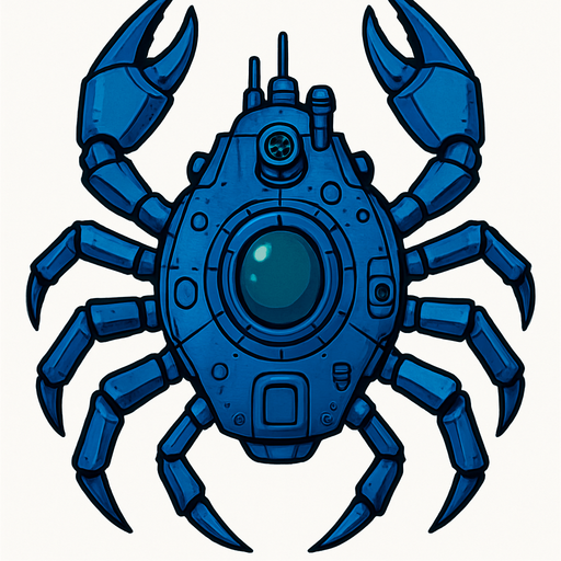 vertical top down blue king crab scifi submarine.
In-Game asset.  2d.  High contrast.  No shadows