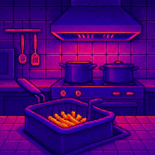 A background image view looking into a fry kitchen.