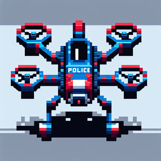 8 bit front image blue red scifi police drone.
Single Game Texture.  In-Game asset.  2d.  Blank background.  High contrast.  No shadows