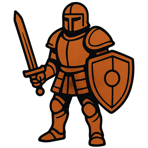 Human with copper Armor, a copper sword and shield.
In-Game asset.  2d.  High contrast.  No shadows