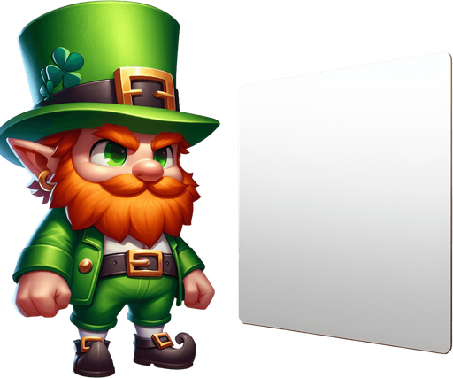 Leprechaun on a white papercard with rounded corners, front view..
Single Game Texture.  In-Game asset.  2d.  Blank background.  High contrast.  No shadows