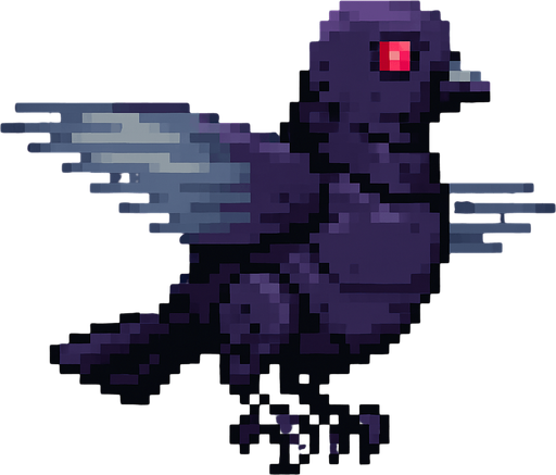 Pixel art of a dark purple robotic pigeon spinning in midair, wings blurred in motion. Enemy type in a 2D arcade game, side view.
In-Game asset.  2d.  High contrast.  No shadows