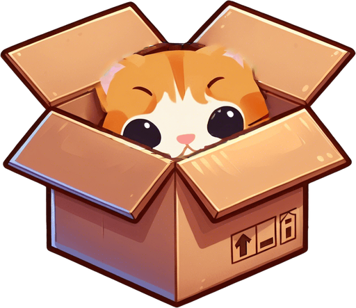 Cute Chibi ginger cat's head and ears look from the box into the camera. Cheeky, happy.
