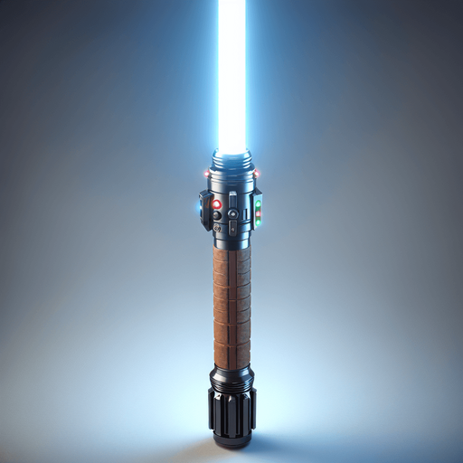 standing Lightsaber handle with led light and brown grip in vertically view.