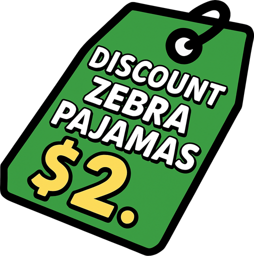 green price tag that says discount zebra pajamas $2.
In-Game asset.  2d.  High contrast.  No shadows