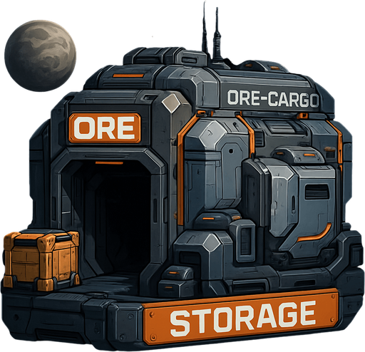 Uzay temalı global Cevher deposu, uzay kargosu, gerçekçi, Altında "Storage" yazsın.
In-Game asset.  High contrast.  No shadows