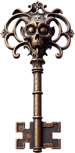eerie creepy old rusty key with krampus face embossed on it png.
Single Game Texture. In-Game asset. 2d. Blank background. High contrast. No shadows.