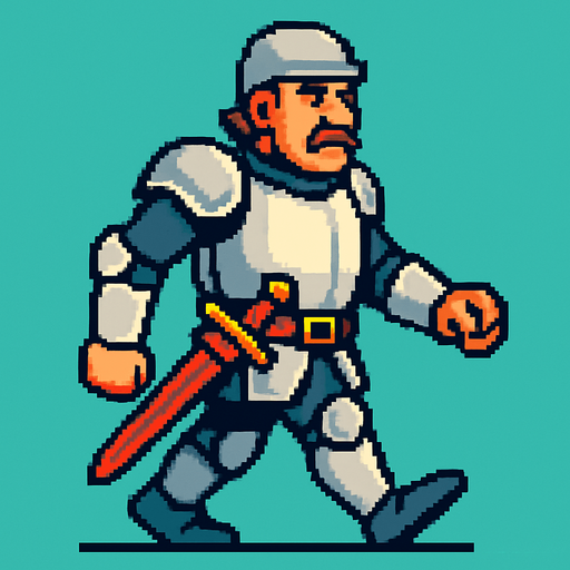 şovalye kıyafetli orta yaşlı bir adam belinde kılıcıyla sağdan sola yürür gibi.
In-Game asset.  2d.  High contrast.  No shadows