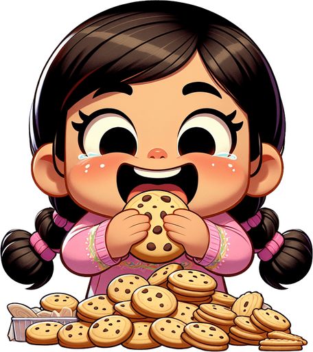 A cute girl happily eating way too many vanilla cookies. Single Game Texture. In-Game asset. 2d. Blank background. High contrast. No shadows.