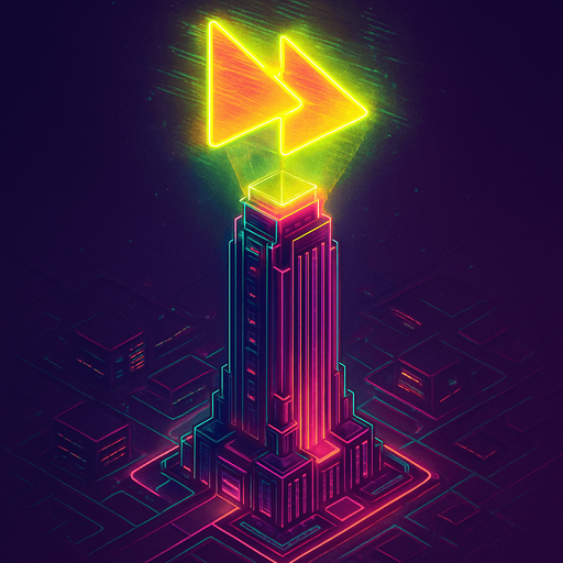 Top down isometric neon cyberpunk futuristic massive tower spire 3D fast forward symbol projection over top, agility, rapidness symbol yellows pinks greens vaporwave glowing hologram over top