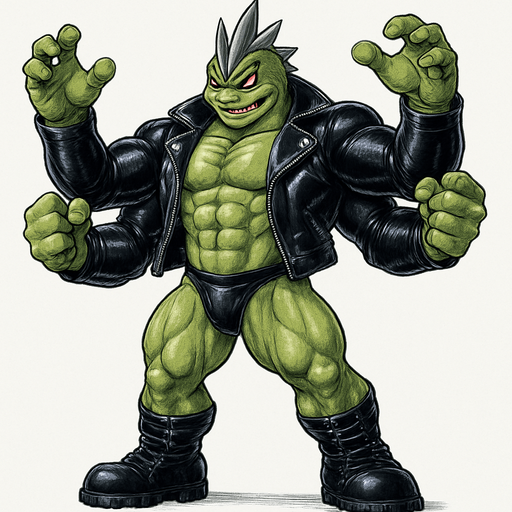 man Cyberpunk manga, four armed monster hunk, shiny black leather biker jacket longsleeves shirtless muscles, jockstrap combat boots, Background removed, "Full-body character, entirely in frame, no cropping of face, head, or feet" "Complete character visible, from head to toe, fully centered in the image" "Entire character, including face and boots, fully within the frame" Character fully contained within a square frame, no edges cut off