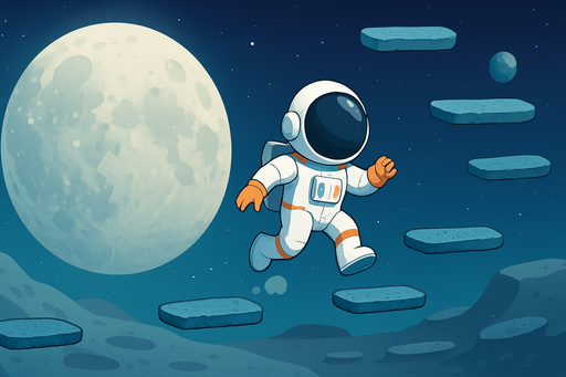 Fullscreen modern App Store landscape banner, 16:9, high definition, for a game titled "Jump Up: Sonsuz Platform Macerası" and with the description astronot in the moon"Karakterin otomatik zıpladığı, sağ-sol yönlendirme ile platformlarda yükseldiğin sonsuz bir parkur oyunu. Platformlar rastgele ve benzersiz şekilde oluşur.". No text on banner!