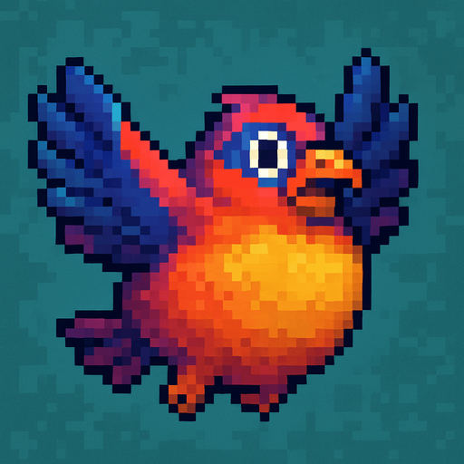 Big fat flaying bird ( Piksel art). Colorful 
In-Game asset.  2d.  High contrast.