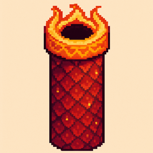 A single vertical top pipe for a 2D pixel art side-scrolling game with classic Flappy Bird hitbox. The pipe is designed with a dragon theme using red, orange, and gold tones. The pipe surface features subtle dragon scale textures and glowing ember details. Around the opening at the top, there is a stylized flame motif to give a mystical fantasy feel. The pipe is viewed from the side with a clear silhouette suitable for gameplay. The style is cute, retro, and fits a pixel art fantasy game..
In-Game asset.  2d.  High contrast.  No shadows. pixel art. side view. retro. fantasy. dragon theme. red. orange. gold. cute. mystical