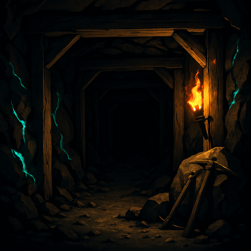 An underground medieval mine with flickering torchlight, wooden supports, glowing ore veins, pickaxes leaning on rocks, deep shadows and echoing silence, realistic.
In-Game asset.  2d.  High contrast.  No shadows
