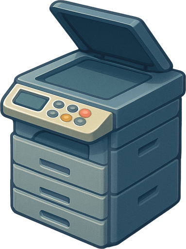A copy printer. Cute soft graphics. soft ambient light. semi-matte to satin surfaces. naturalistic with slight saturation boost colors. 
In-Game asset.  2d.  High contrast.  No shadows. top down..
In-Game asset.  2d.  High contrast.  No shadows