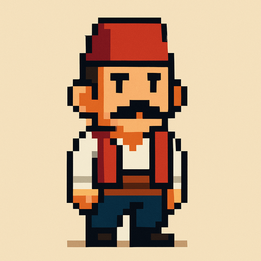 Create a pixel art turkish character.
In-Game asset.  2d.  High contrast.  No shadows