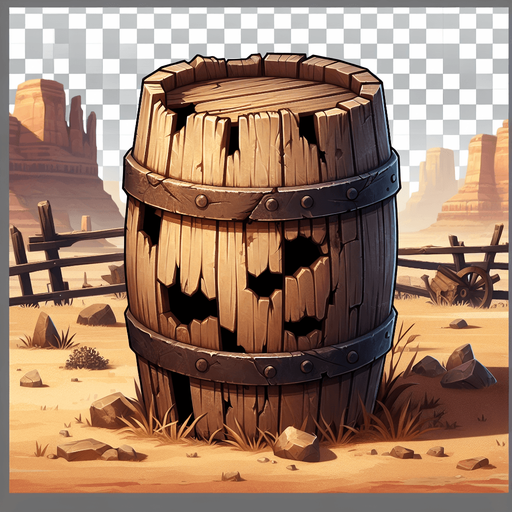 western destroyed barrel.
Single Game Texture. In-Game asset. 2d. Blank background. High contrast. No shadows.
