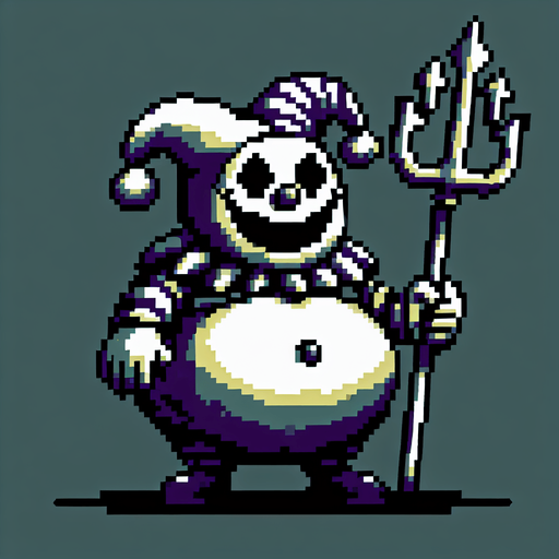 Creepy Jester clown with a fat circular belly, grinning and carying a trident.
Single Game Texture. In-Game asset. 2d. Blank background. High contrast. No shadows. 8 bit