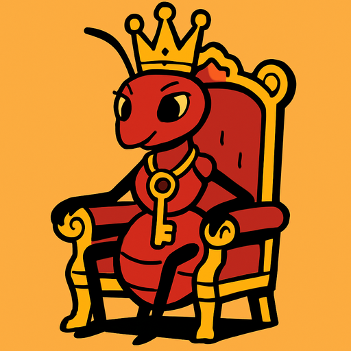 kafasında taç olan ve boynunda anahtar olan tahtında oturan kraliçe karınca.
In-Game asset.  2d.  High contrast.  No shadows