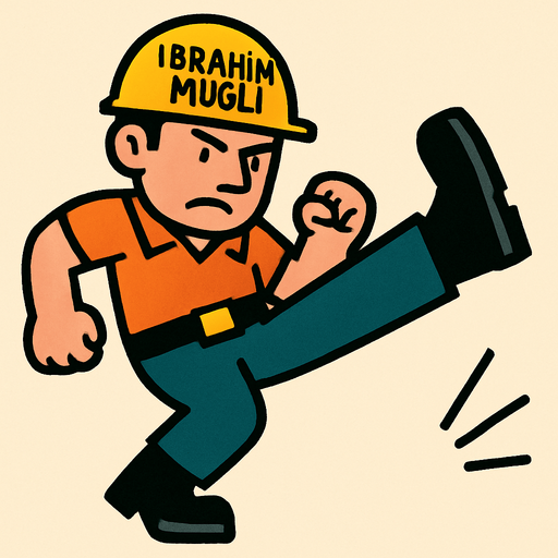 Üstünde ibrahim muğli yazan baretli işçi tekme atarken.
In-Game asset.  2d.  High contrast.  No shadows