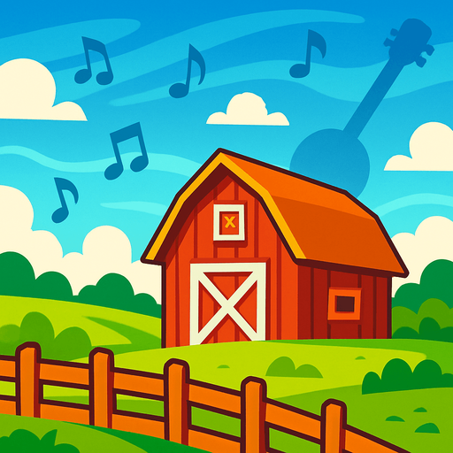 A vibrant cartoon-style background of a countryside scene with a barn, wooden fence, and wide blue sky, symbolizing American folk music. Add subtle music notes or banjo silhouette in the background. Export as a wide PN.
In-Game asset.  2d.  High contrast.  No shadows