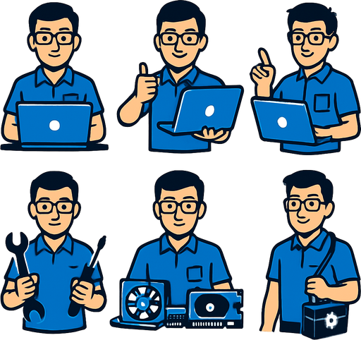 Bilgisayar teknikeri personel, 6 farklı resim olsun..
In-Game asset.  2d.  High contrast.  No shadows