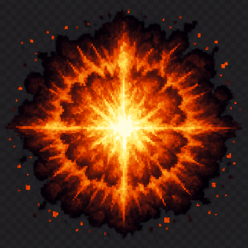 "High-quality 2D pixel art of a large magical explosion. The explosion is circular with a dense, fiery core made of layered orange, yellow, and white flames. Surrounding the core are expanding rings of fire and smoke, forming a symmetrical, radial burst pattern. The edges are rough and scattered with glowing embers and pixelated debris. The style mimics SNES-era fantasy RPG pixel effects, with vibrant colors and dramatic lighting. Transparent background.".
In-Game asset.  2d.  High contrast.  No shadows