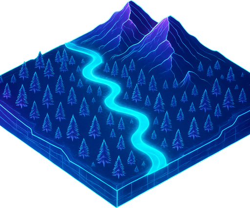 Top down isometric anime forest River mountains neon map grid hologram