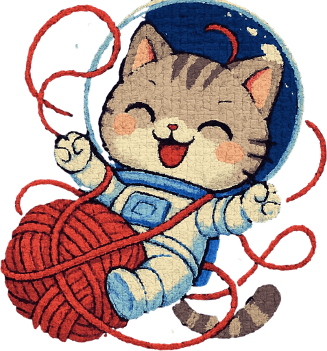 A cute kitten, illustrated in an adorable chibi anime style and wearing an astronaut suit, is playfully tangled in a ball of yarn, floating through space with overwhelming joy. Its eyes are shut tight in pure happiness, and its movements are full of energetic delight.