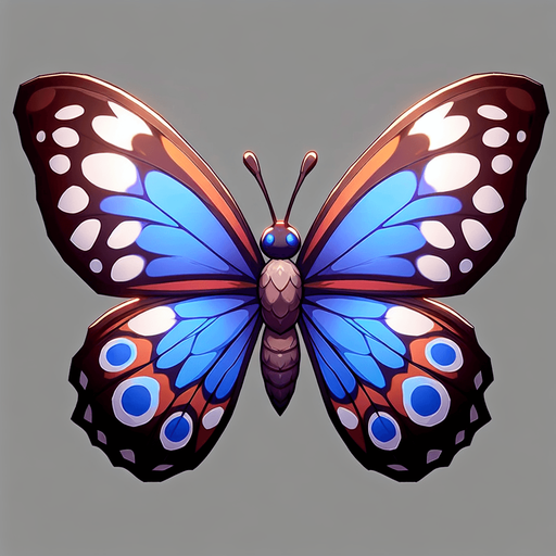 butterfly.
Single Game Texture. In-Game asset. 2d. Blank background. High contrast. No shadows.